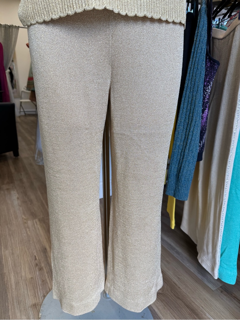 NWT St John Evening Vintage Metallic Cream Wide-Leg Knit Pants
